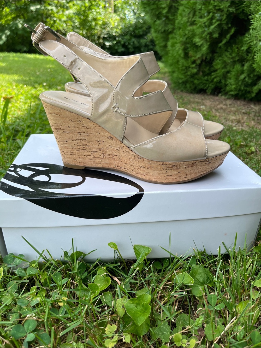 Nine West Light Beige Patent Wedge Sandals